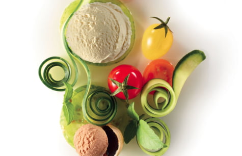 ORGANIC SHEEP MILK YOGURT ICE CREAM, TOMATO ICE CREAM, YELLOW, RED AND GREEN CHERRY TOMATO...