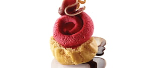 Sorbet framboise bio en coque de chou, magret de canard fumé, peau grillé, crème de vinaigre balsamique