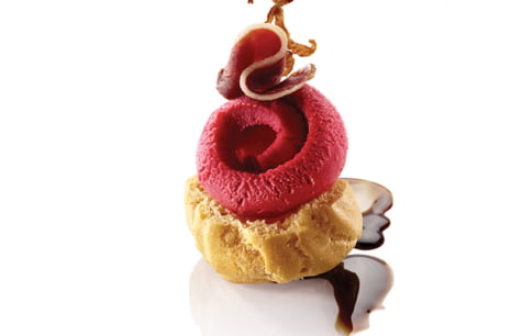 ORGANIC RASPBERRY SORBET ON CHOU SHELL, SMOKED DUCK BREAST, GRILLED CRISPY SKIN, BALSAMIC...