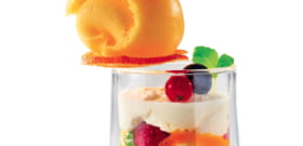 Sorbet mandarine bio, verrine de mousse mascarpone, coulis passion avec fruits rouges et mandarines caramélisées