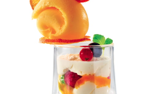ORGANIC MANDARIN SORBET, MASCARPONE MOUSSE VERRINE, PASSION FRUIT COULIS, BERRIES AND CARA...