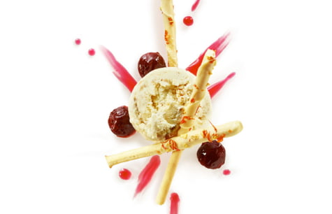BAKEWELL TART ICE CREAM, CANDIED CHERRIES, CHERRY COULIS, WHITE CHOCOLATE STICKS AND ESPEL...