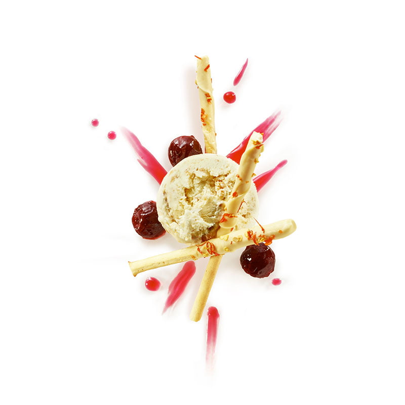 BAKEWELL TART ICE CREAM, CANDIED CHERRIES, CHERRY COULIS, WHITE CHOCOLATE STICKS AND ESPELETTE CHILI
