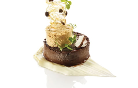 BASE OF VEGAN CHOCOLATE ICE CREAM, CYLINDER OF VEGAN COFFEE ICE CREAM, ON AN ALMOND MILK B...