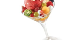 MIXED FRUIT CUP, ITALIAN MERINGUE, STRAWBERRY SORBET AND GRAPEFRUIT SORBET
