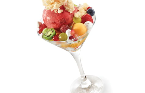 MIXED FRUIT CUP, ITALIAN MERINGUE, STRAWBERRY SORBET AND GRAPEFRUIT SORBET