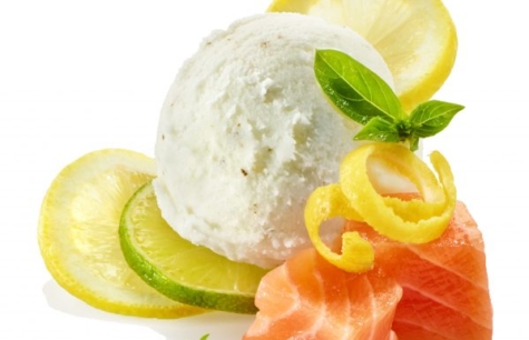 CITRON VERT ET JAUNE, CUBES DE SAUMON, SORBET CITRON MENTHE, BASILIC ET MENTHE