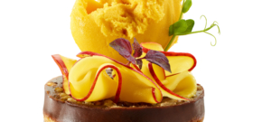 MENDIANT GIANDUJA, LAMELLES DE MANGUE, CRESSON ROUGE ET VERT ET SORBET MANGUE