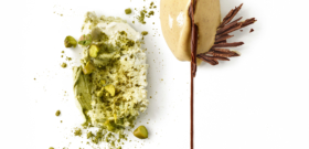 MASCARPONE CON TÉ MATCHA, PISTACHO Y LIMONCELLO, GANACHE DE CHOCOLATE Y HELADO DE PISTACHO BIO