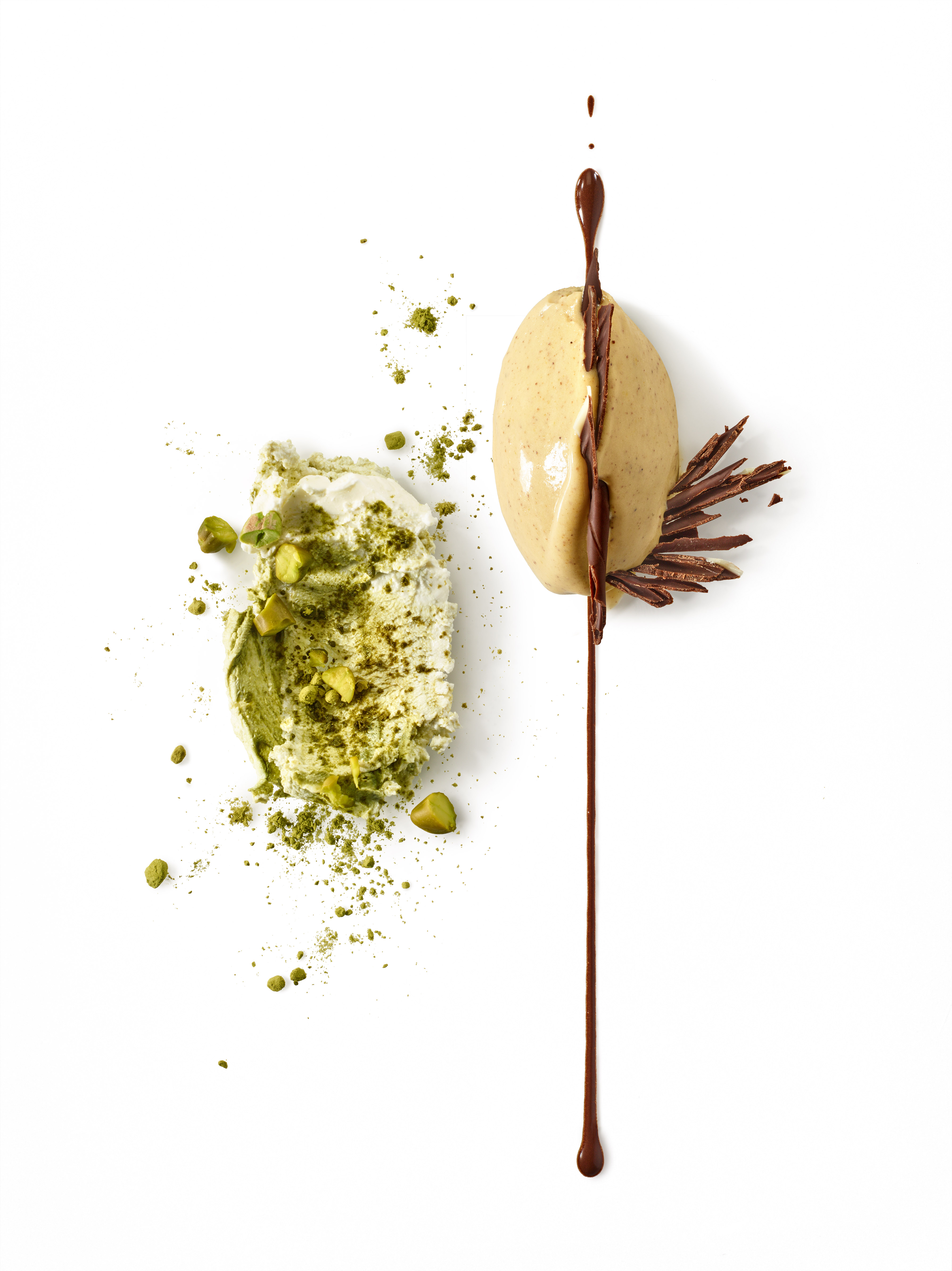 MASCARPONE AU THÉ MATCHA, PISTACHE ET LIMONCELLO, TRAIT DE GANACHE CHOCOLAT ET CRÈME GLACÉE PISTACHE BIO