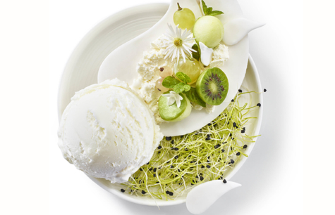 Décoration en gouttes de lait, fruit bowl, mascarpone citronnée et glace Lait frais nature